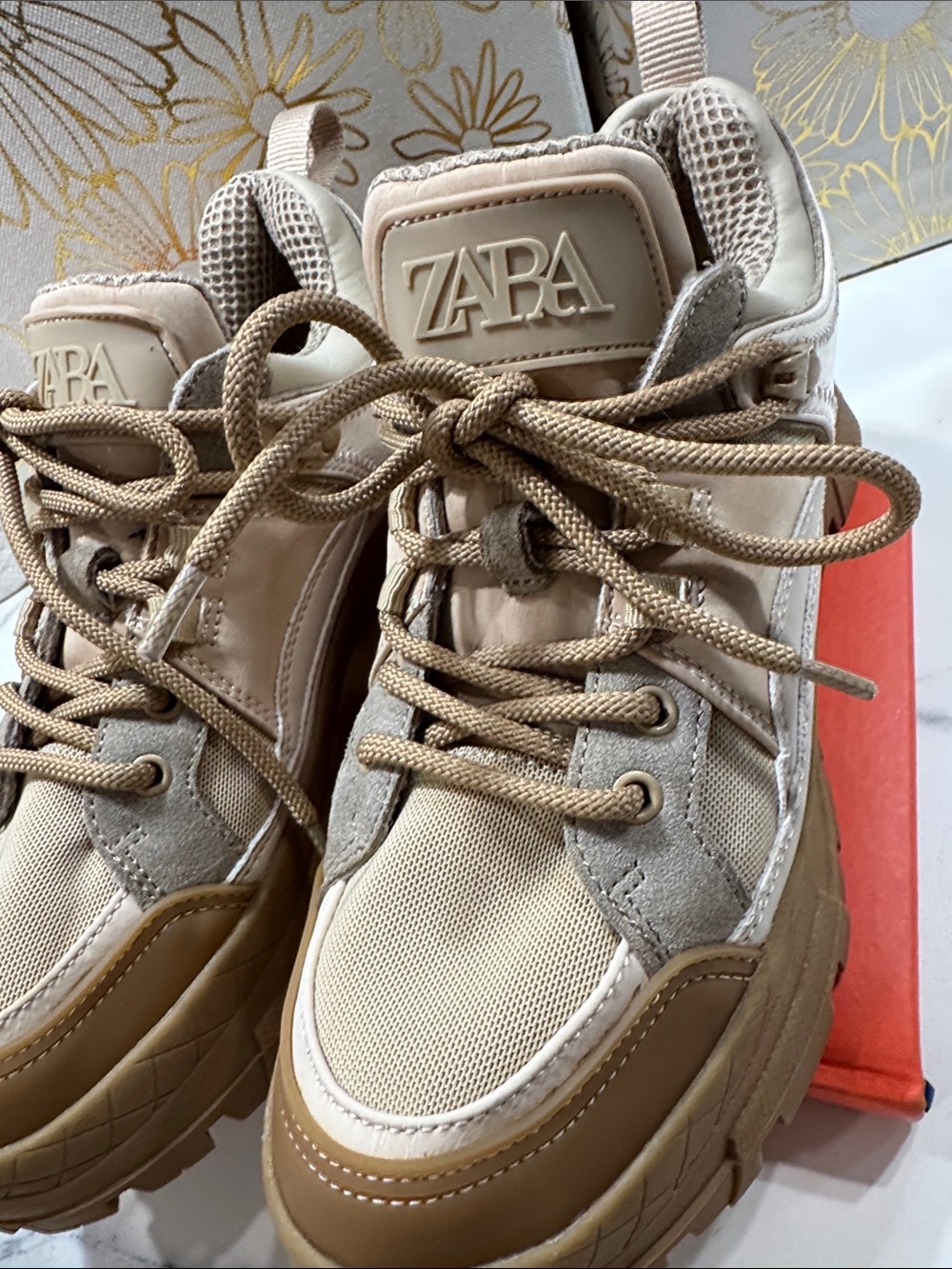 ZARA Neutral Beige and Tan Chunky Platform Sneakers